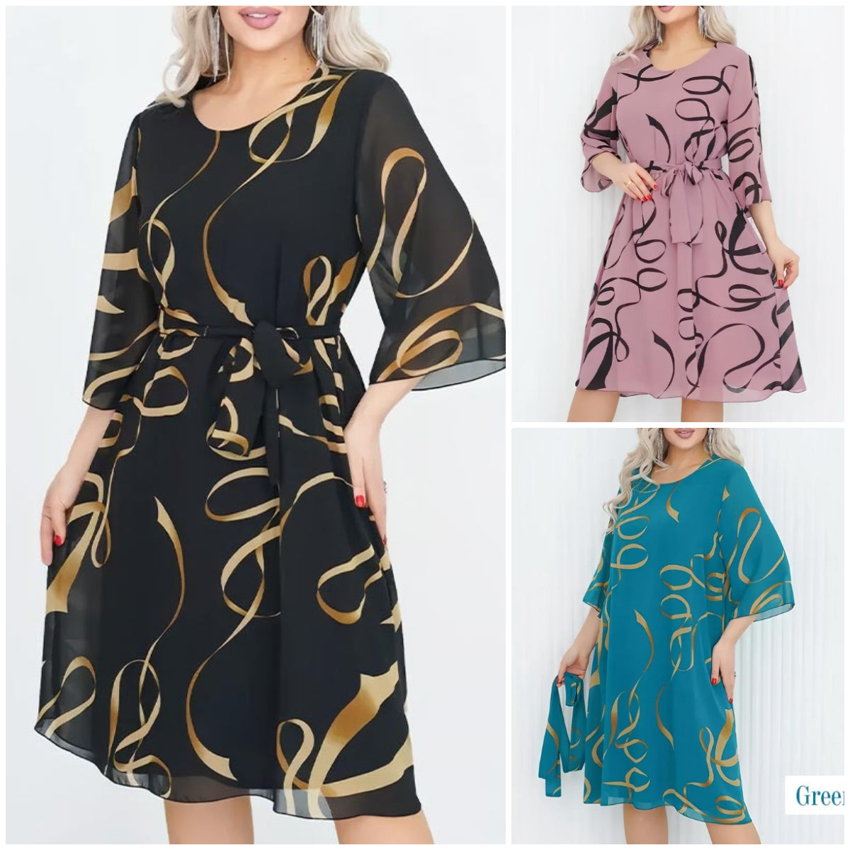 🌸2025🌸Elegancka luźna sukienka midi z marszczonymi rękawami 3