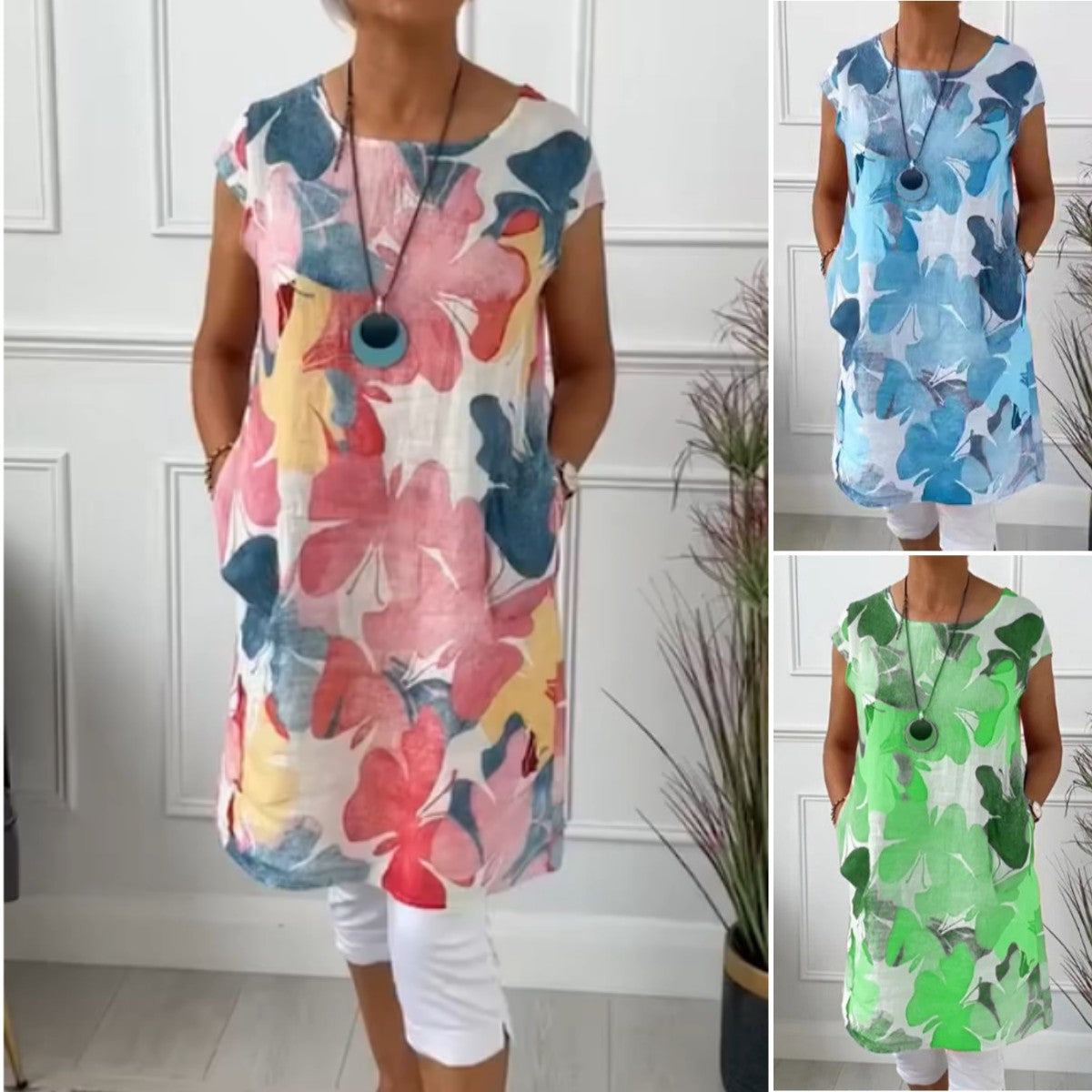 🔥👗Luźna sukienka do kolan z wzorem w motyle✨