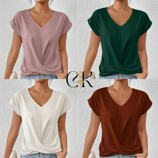 🔥👚 Casual Krótki Rękaw Elegancki T-shirt z Dekoltem w Serek
