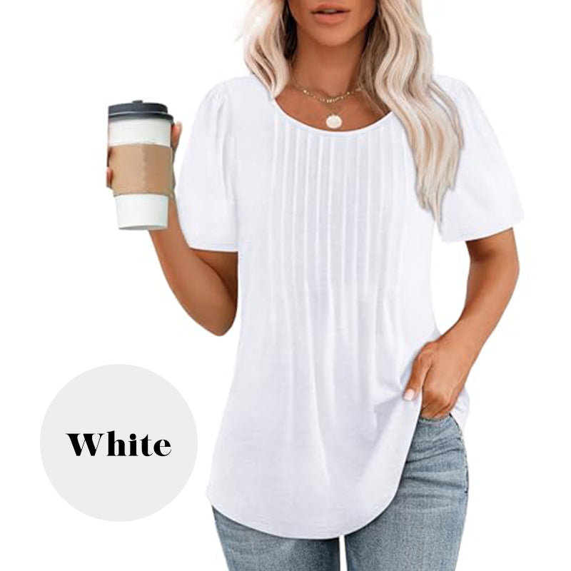 🔥👚Damska letnia koszulka z krótkim rękawem i okrągłym dekoltem plisowana