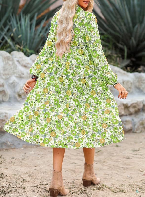 🌸Specjalne okazje wiosenne💐 Damska sukienka midi w stylu boho z długim rękawem i dekoltem w serek