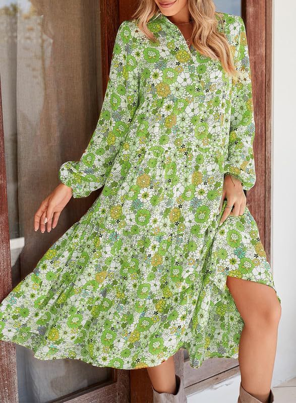 🌸Specjalne okazje wiosenne💐 Damska sukienka midi w stylu boho z długim rękawem i dekoltem w serek