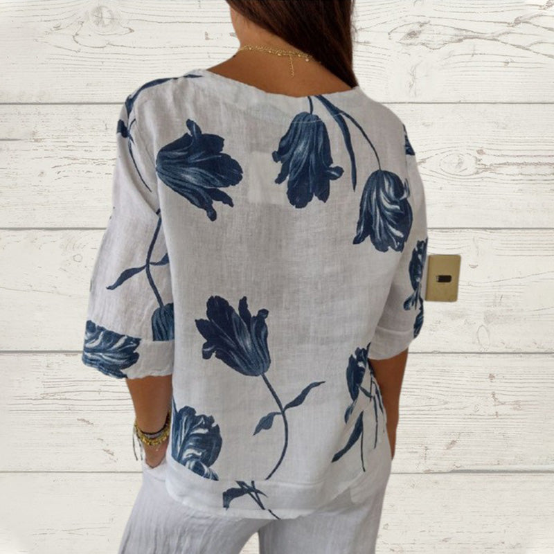 🔥👚2025💐Damski lniany luźny top z dekoltem w szpic