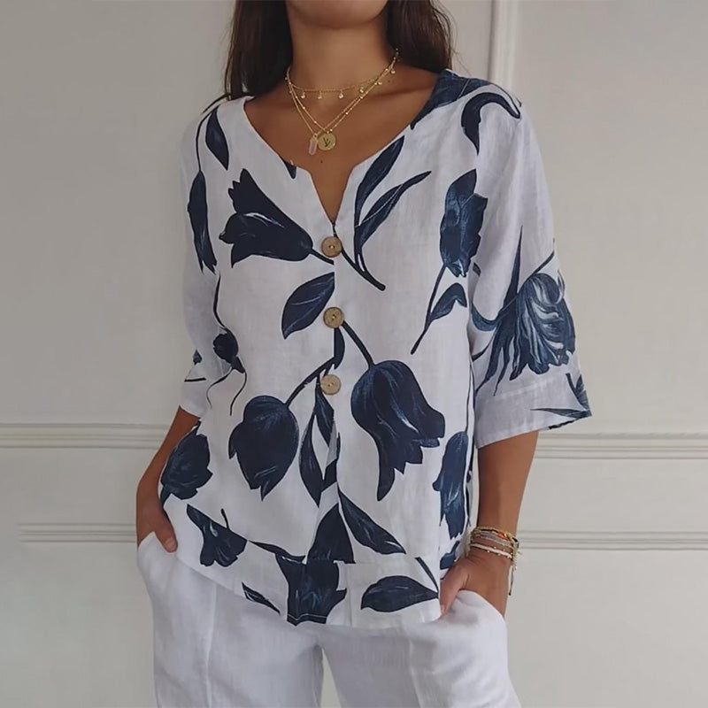 🔥👚2025💐Damski lniany luźny top z dekoltem w szpic