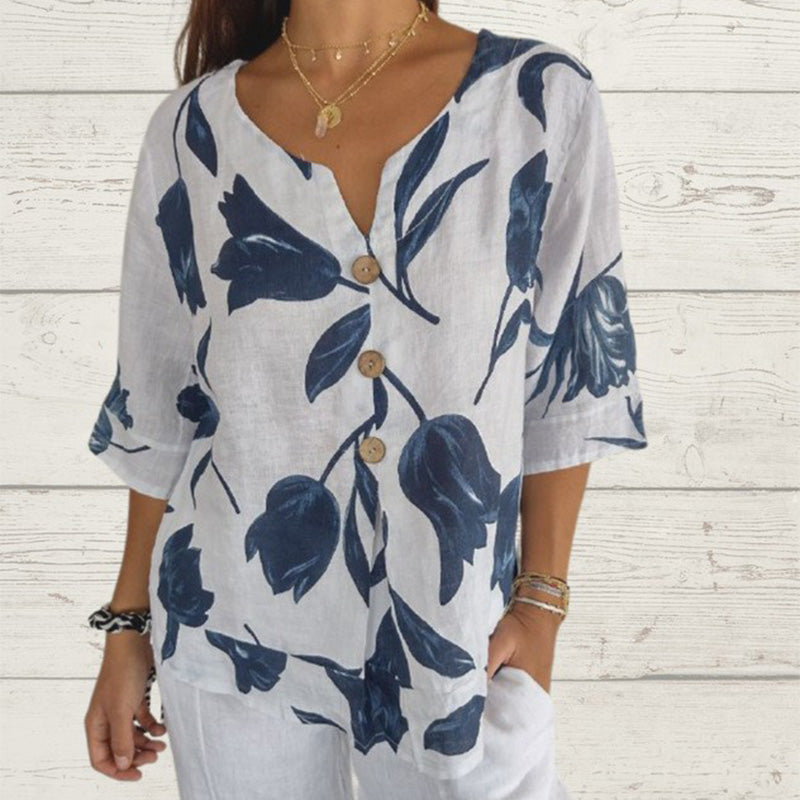 🔥👚2025💐Damski lniany luźny top z dekoltem w szpic