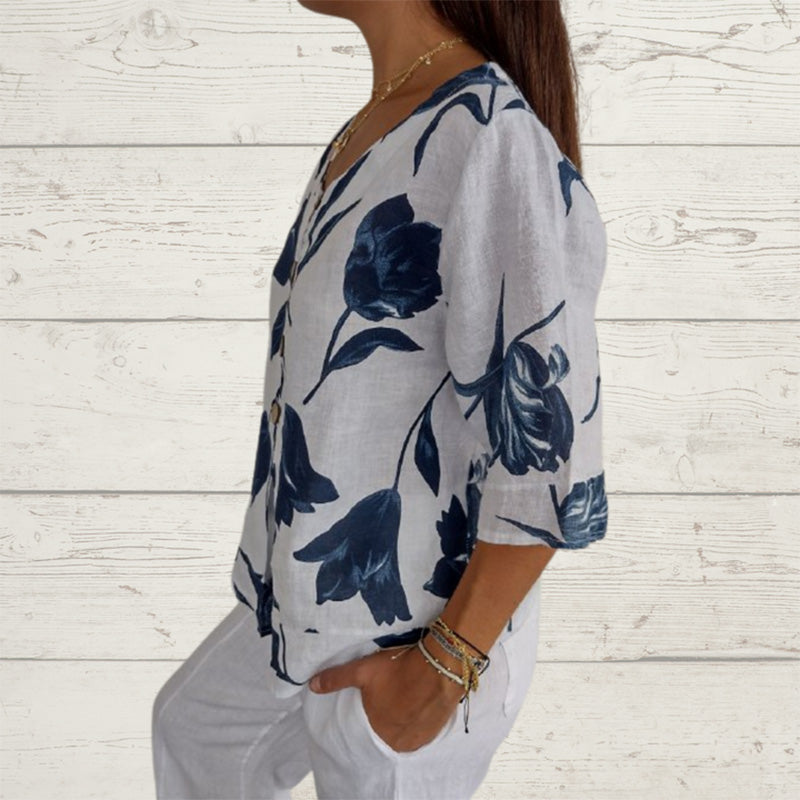 🔥👚2025💐Damski lniany luźny top z dekoltem w szpic