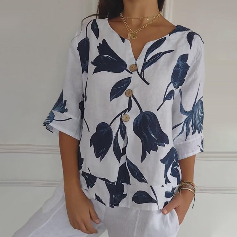 🔥👚2025💐Damski lniany luźny top z dekoltem w szpic