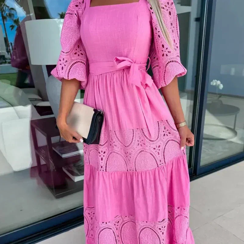 🔥👗Modna damska długa sukienka z wiązaniem w talii i kwadratowym dekoltem