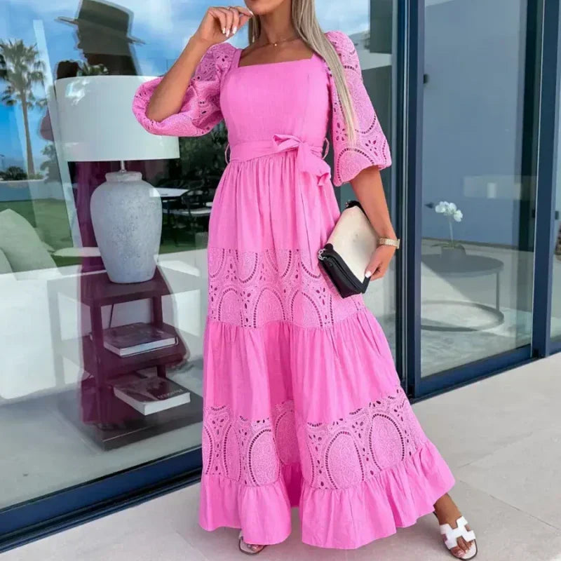 🔥👗Modna damska długa sukienka z wiązaniem w talii i kwadratowym dekoltem