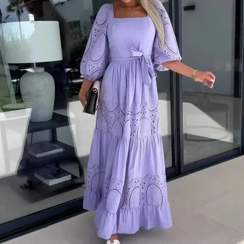 🔥👗Modna damska długa sukienka z wiązaniem w talii i kwadratowym dekoltem