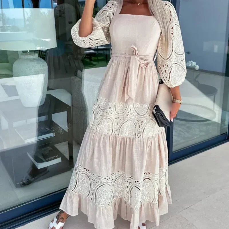 🔥👗Modna damska długa sukienka z wiązaniem w talii i kwadratowym dekoltem