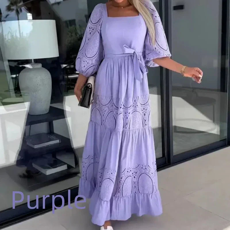 🔥👗Modna damska długa sukienka z wiązaniem w talii i kwadratowym dekoltem