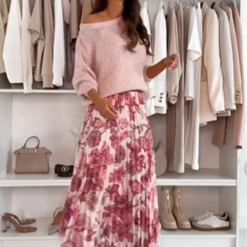 🔥👗Top z okrągłym dekoltem i spódnica w paski z nadrukiem