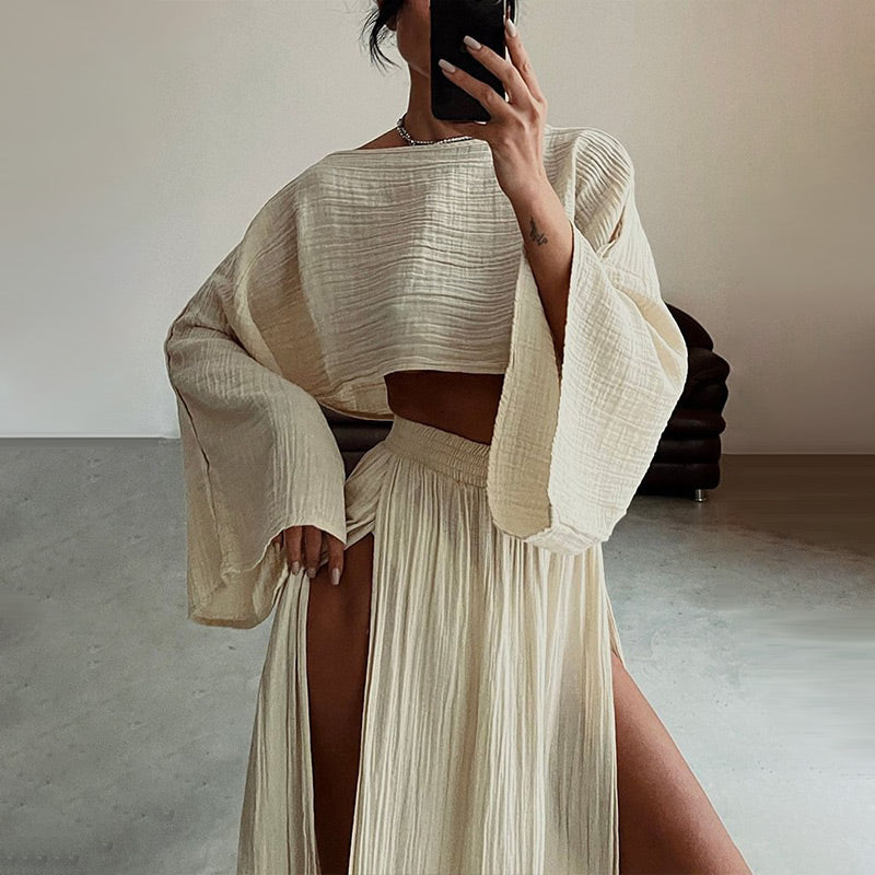 🔥👗Damski codzienny komplet z bawełny i lnu z rozcięciem z boku, dwuczęściowy