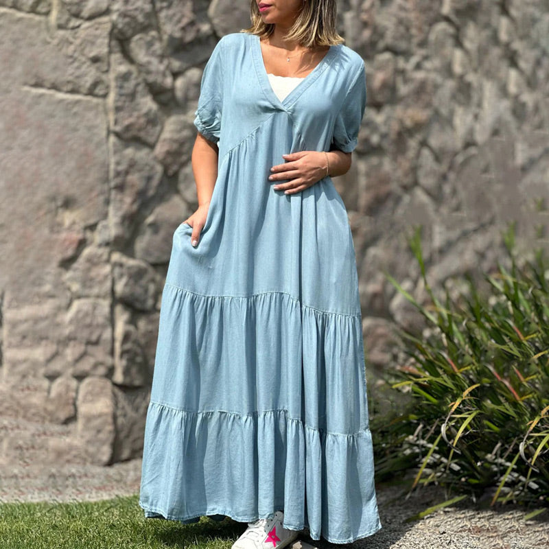 🔥👗Luźna sukienka jeansowa z dekoltem w szpic