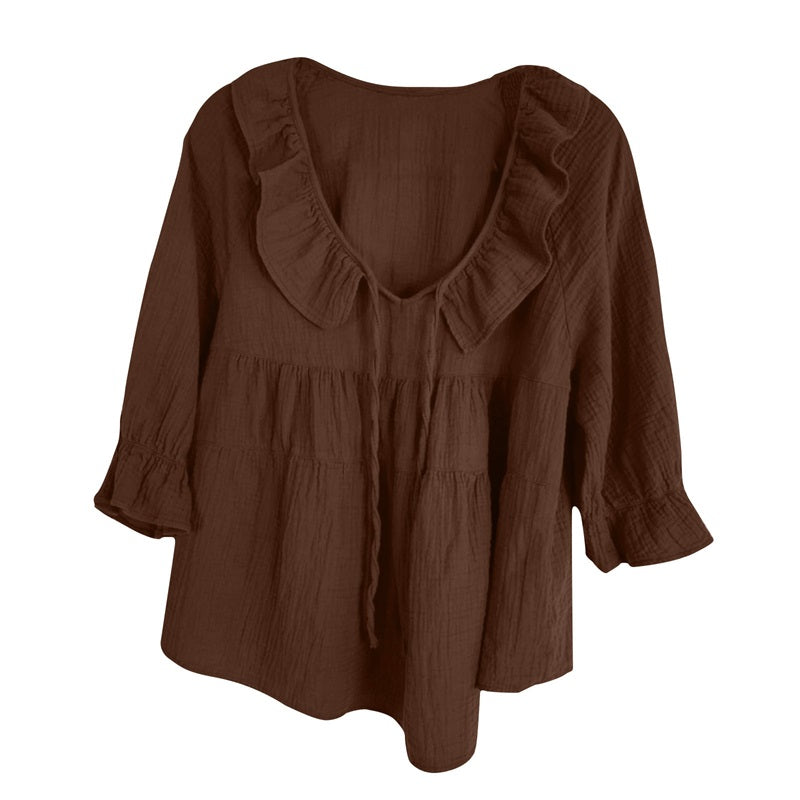 🔥👚Damska bluzka z falbaną i kokardą na siedem czwartych rękawa