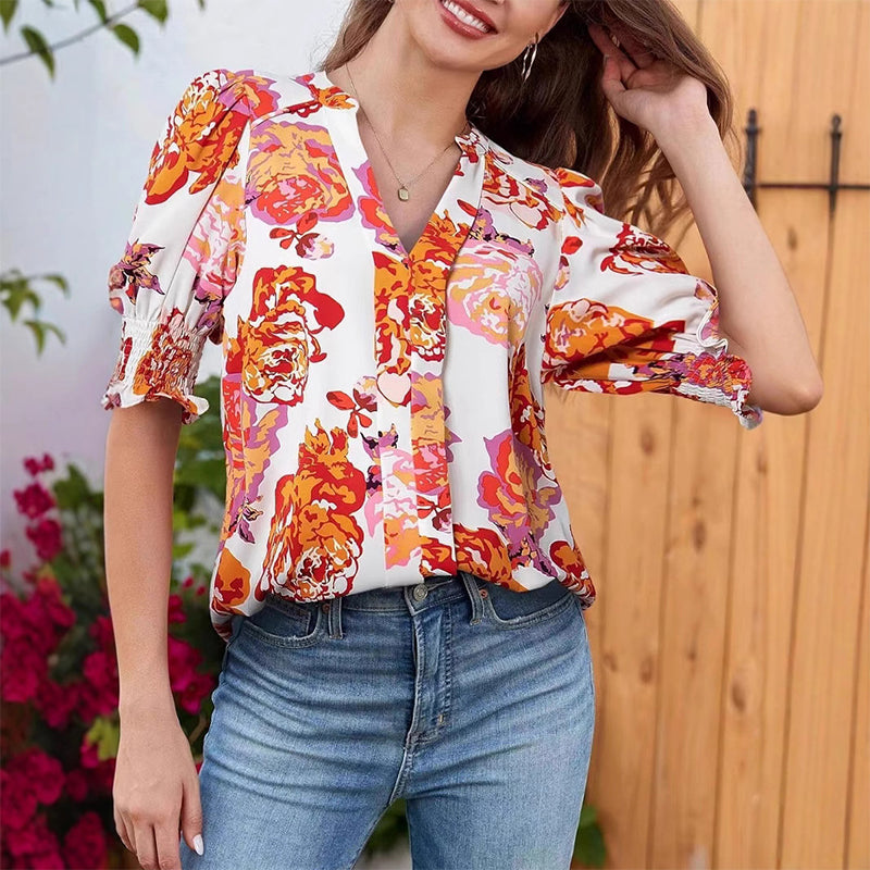 🔥👚Kwiatowa bluzka z bufiastymi rękawami i dekoltem w serek dla kobiet