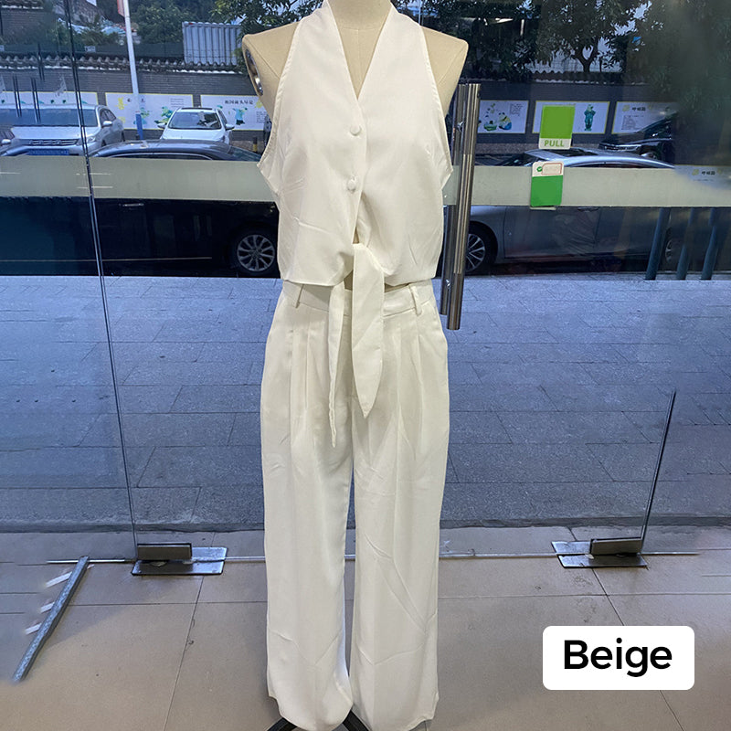 🔥👚👖Dwuczęściowy damski komplet składający się z topu bez rękawów i szerokich spodni z wysokim stanem
