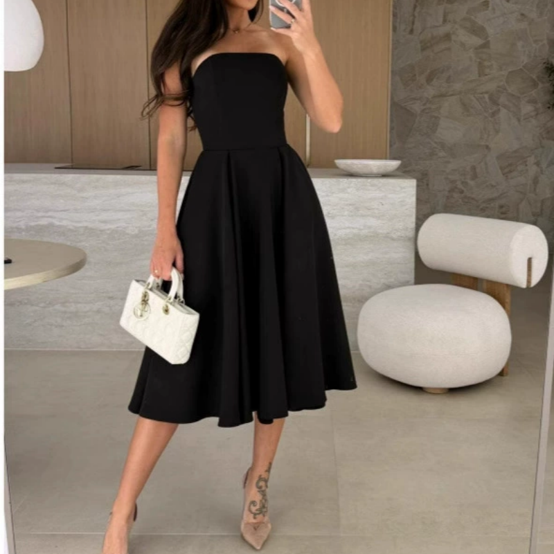 🔥👗Elegancka, jednokolorowa, bez ramiączek, sukienka midi