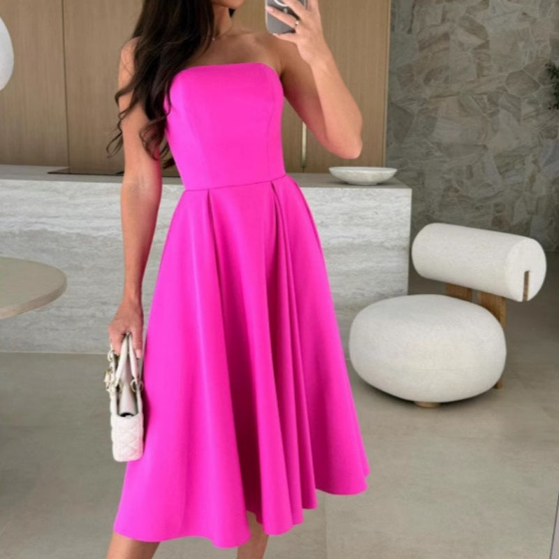 🔥👗Elegancka, jednokolorowa, bez ramiączek, sukienka midi