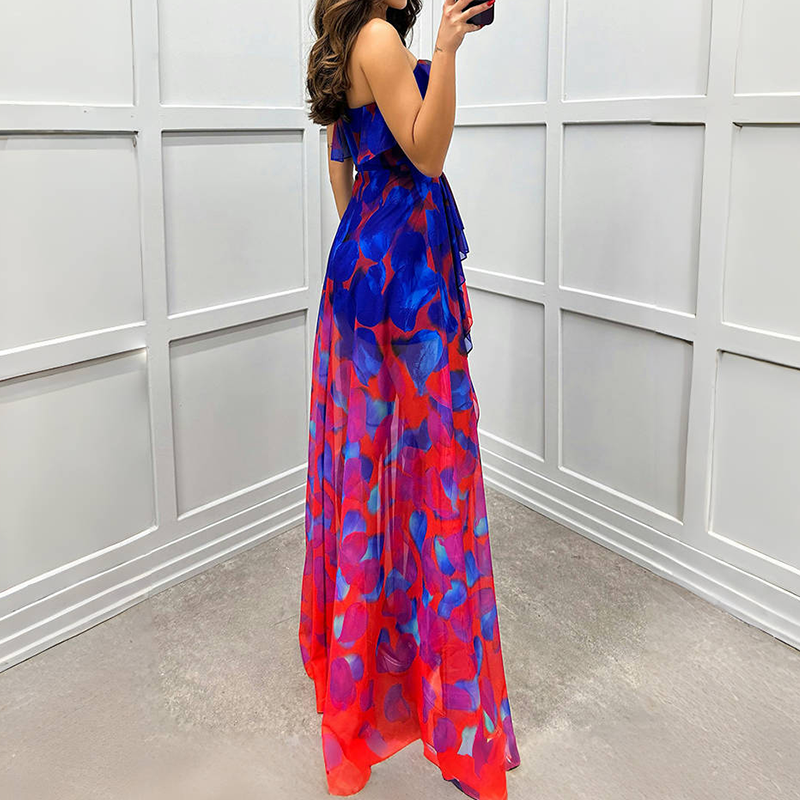 🔥👗Modne damskie sukienki z siateczki z nadrukiem i rozcięciem