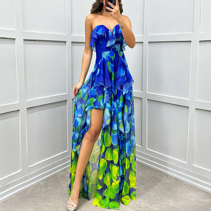 🔥👗Modne damskie sukienki z siateczki z nadrukiem i rozcięciem