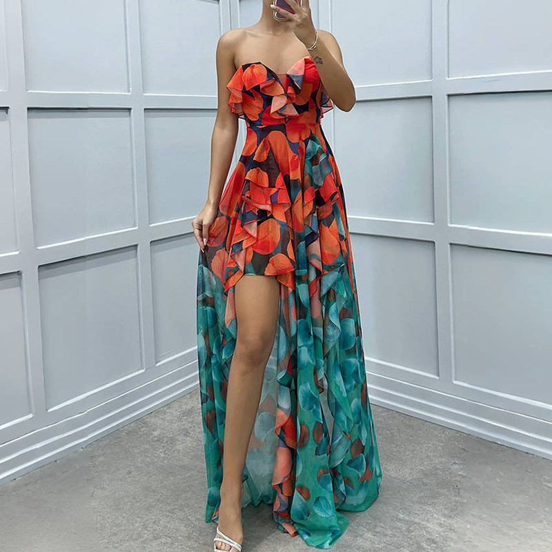 🔥👗Modne damskie sukienki z siateczki z nadrukiem i rozcięciem