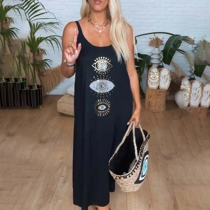 🔥👗Damska długa sukienka bez rękawów z wzorem w oczy