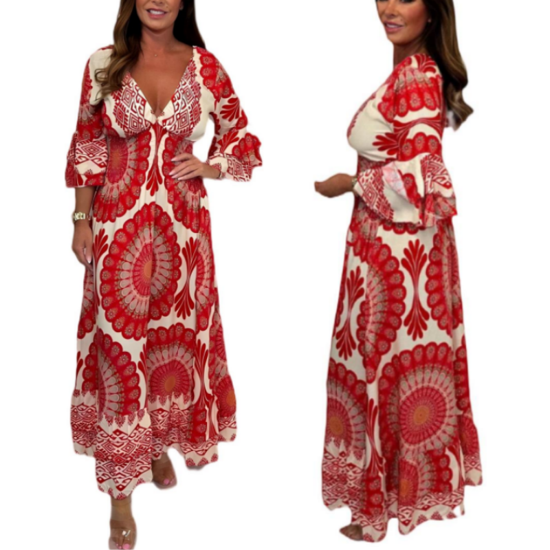 🔥👗Damska sukienka maxi w stylu retro boho z głębokim dekoltem w serek【Elastyczna talia, odpowiednia na każdą okazję】