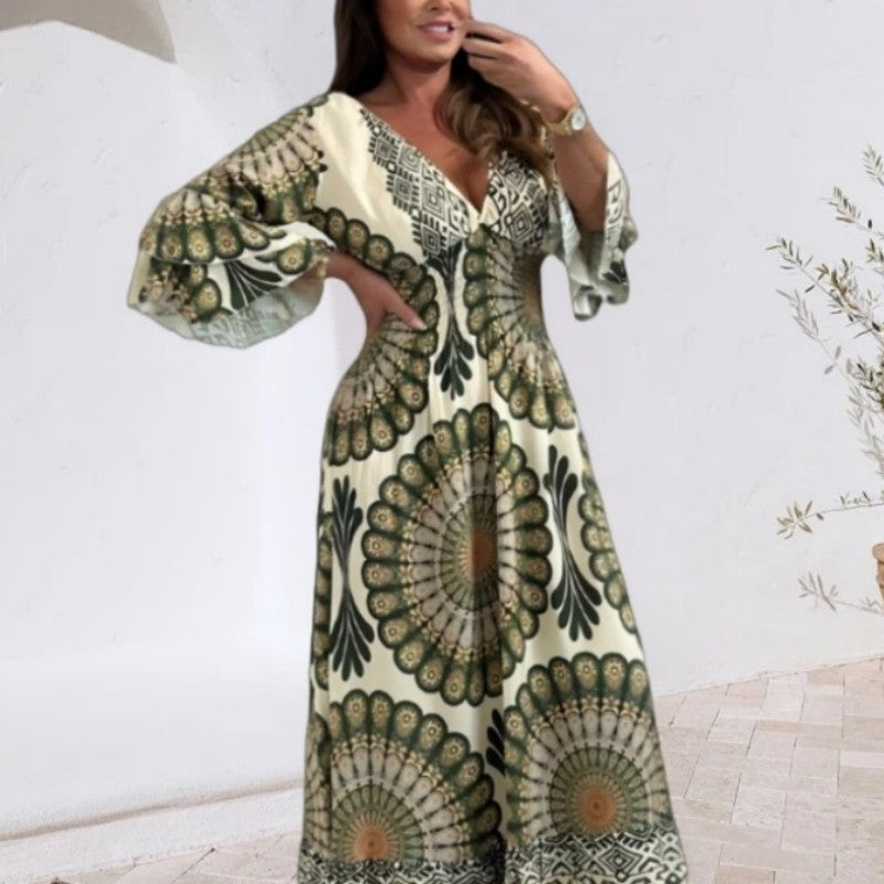 🔥👗Damska sukienka maxi w stylu retro boho z głębokim dekoltem w serek【Elastyczna talia, odpowiednia na każdą okazję】