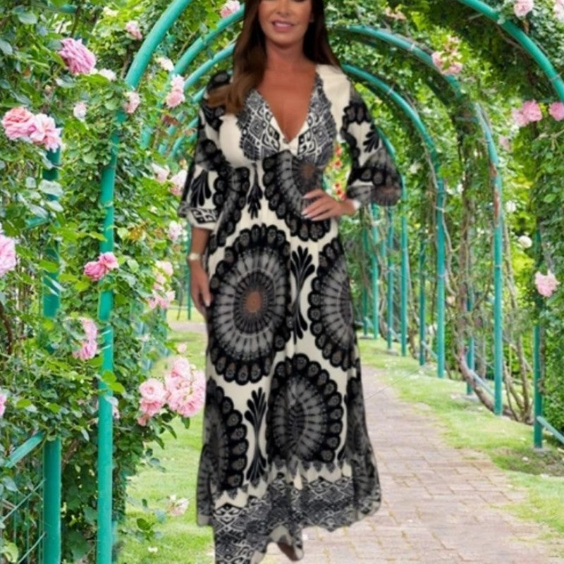 🔥👗Damska sukienka maxi w stylu retro boho z głębokim dekoltem w serek【Elastyczna talia, odpowiednia na każdą okazję】
