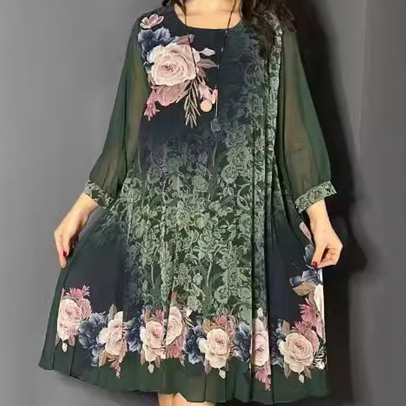 🔥👗Damska sukienka z okrągłym dekoltem i siateczkowymi rękawami w kwiatowy wzór