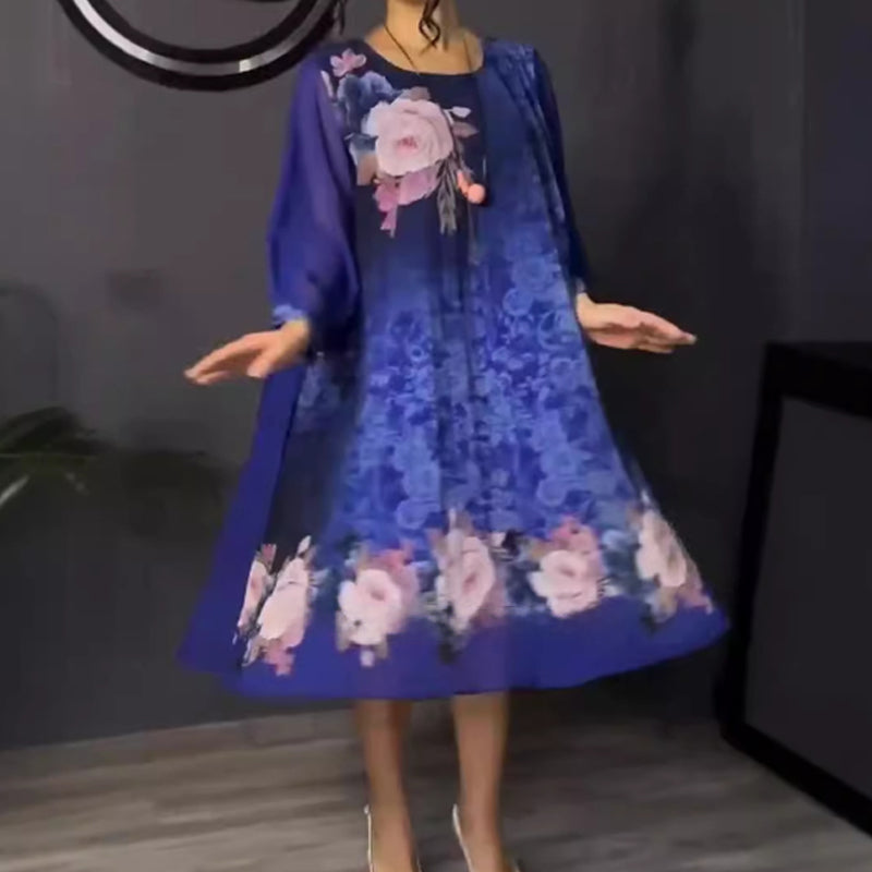 🔥👗Damska sukienka z okrągłym dekoltem i siateczkowymi rękawami w kwiatowy wzór