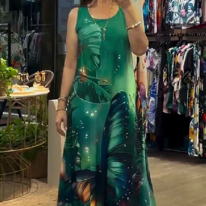 🔥👗Damska luźna, wzorzysta, bezrękawnikowa sukienka maxi