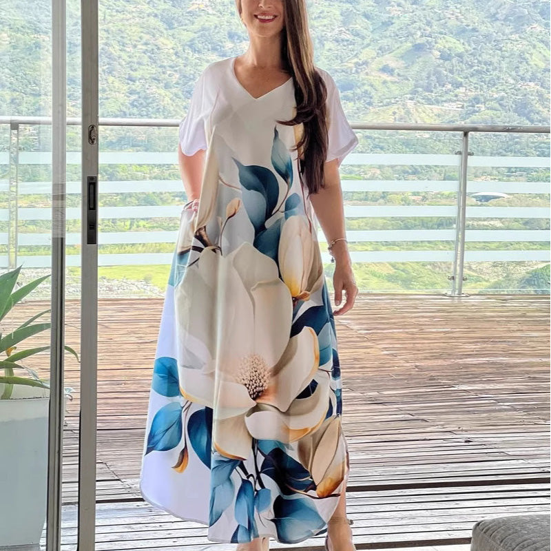 🔥👗Damskie luźne, swobodne sukienki z dekoltem w serek i krótkim rękawem🌸