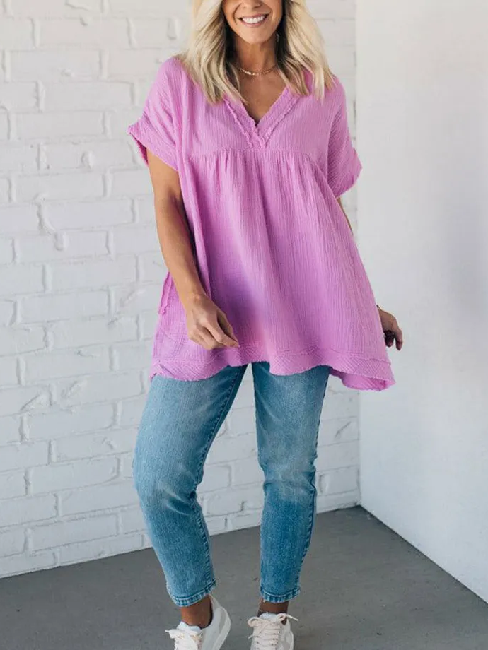 🔥👚Jednokolorowa bawełniana lniana luźna koszulka z krótkim rękawem