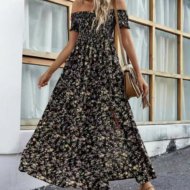 🔥👗Elegancka damska sukienka z odkrytymi ramionami w kwiatowy wzór