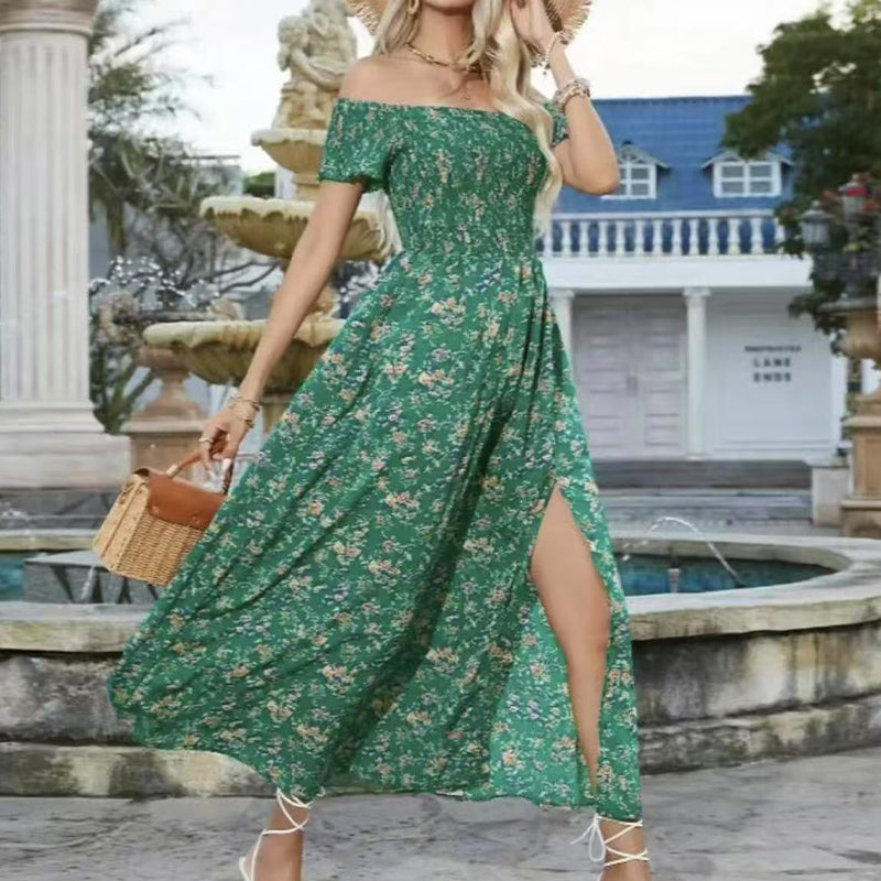 🔥👗Elegancka damska sukienka z odkrytymi ramionami w kwiatowy wzór