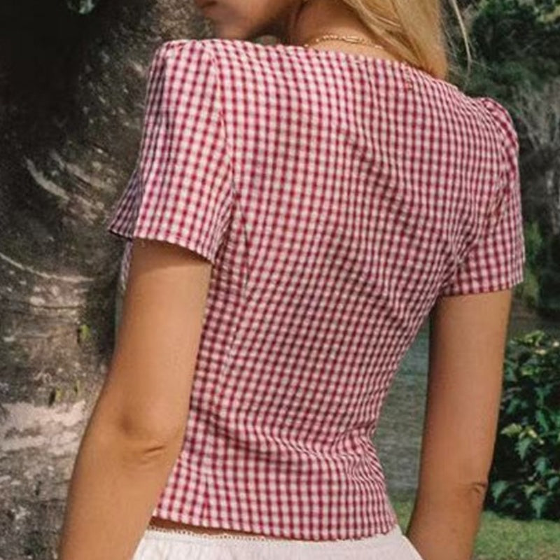 🔥👚Kratkowy top damski z krótkim rękawem i dekoltem w serek i guzikami
