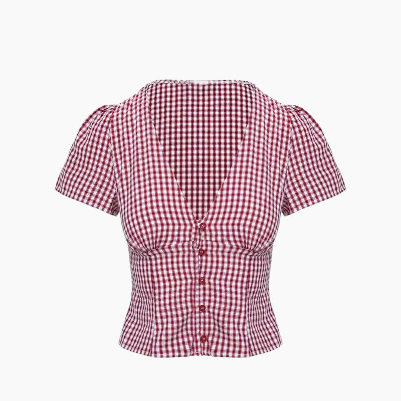 🔥👚Kratkowy top damski z krótkim rękawem i dekoltem w serek i guzikami