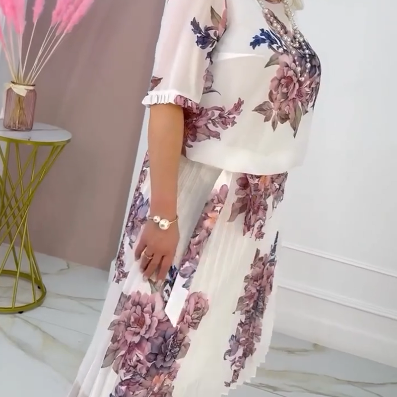 🔥👗Sukienka damska z plisowanym okrągłym dekoltem i kwiatowym wzorem🔥