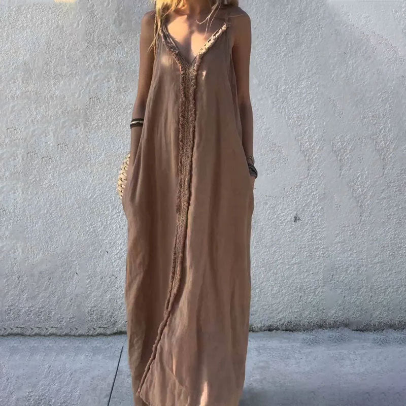 🔥👗Damska sukienka maxi z dekoltem w serek i ramiączkami spaghetti