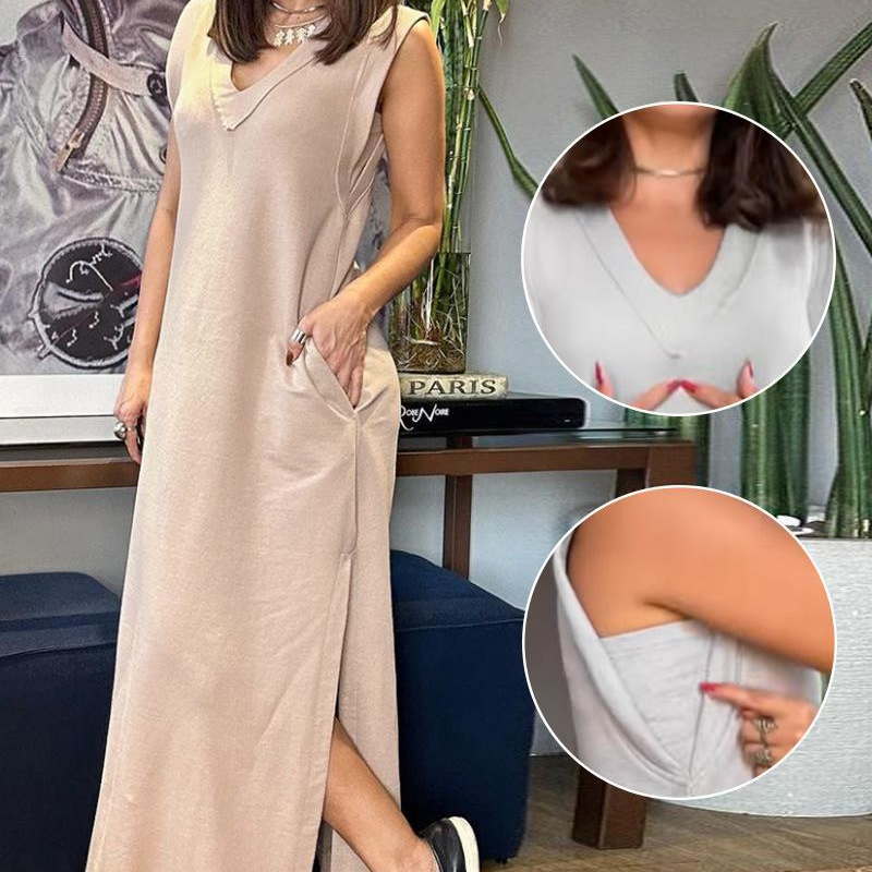🔥👗Damska sukienka maxi z dekoltem w serek i bez rękawów