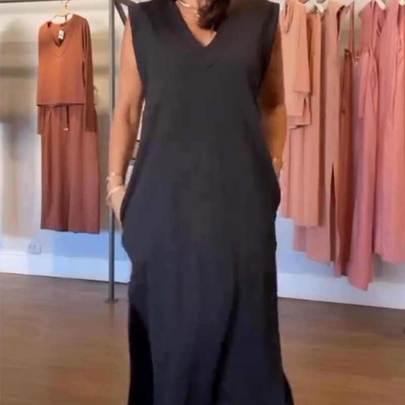 🔥👗Damska sukienka maxi z dekoltem w serek i bez rękawów