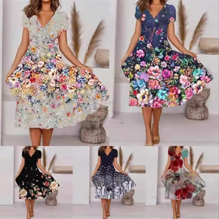 🔥👗 【S-4XL】Damska zwiewna sukienka z nadrukiem z dekoltem w szpic