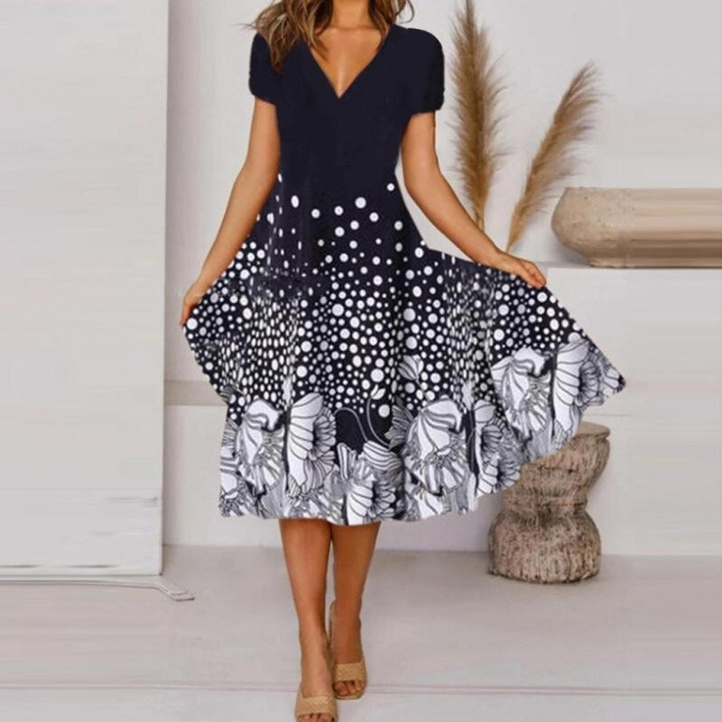 🔥👗 【S-4XL】Damska zwiewna sukienka z nadrukiem z dekoltem w szpic