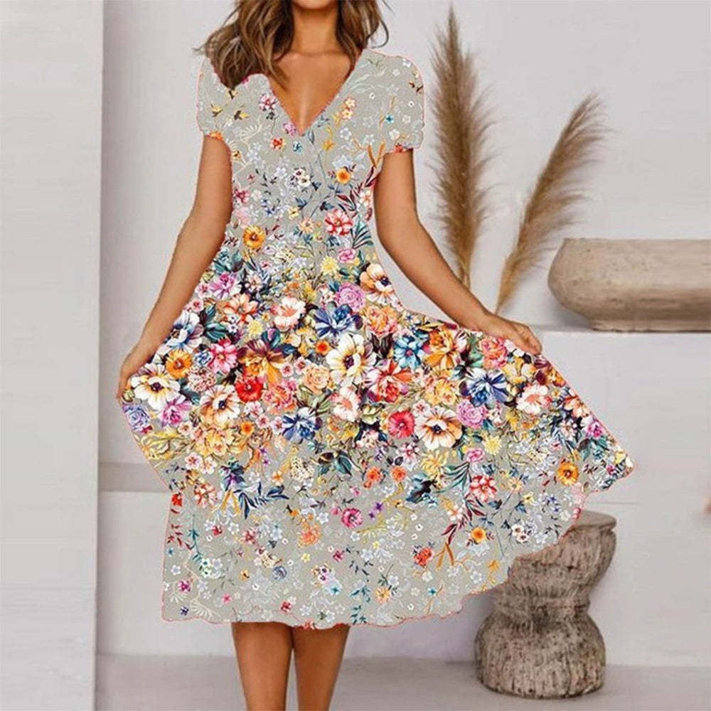 🔥👗 【S-4XL】Damska zwiewna sukienka z nadrukiem z dekoltem w szpic
