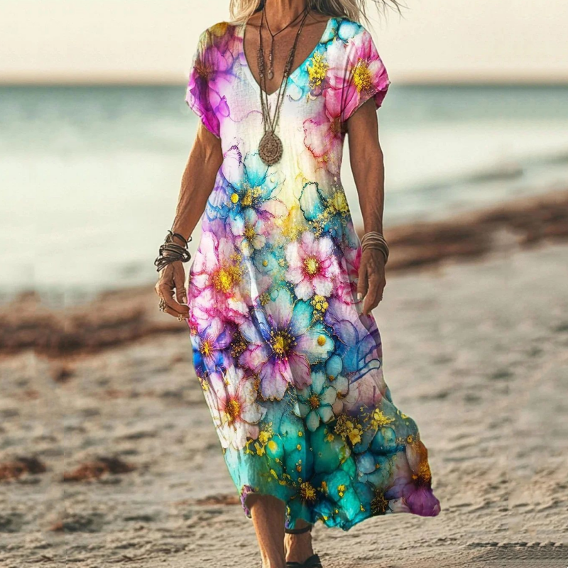 🔥👗Damska sukienka z krótkim rękawem i nadrukiem V-Neck