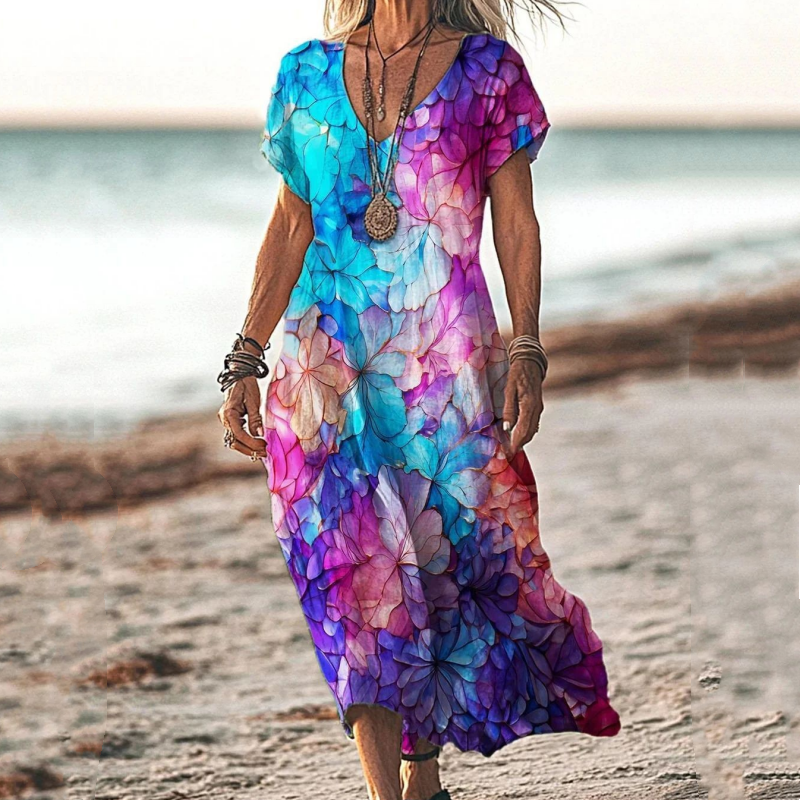 🔥👗Damska sukienka z krótkim rękawem i nadrukiem V-Neck
