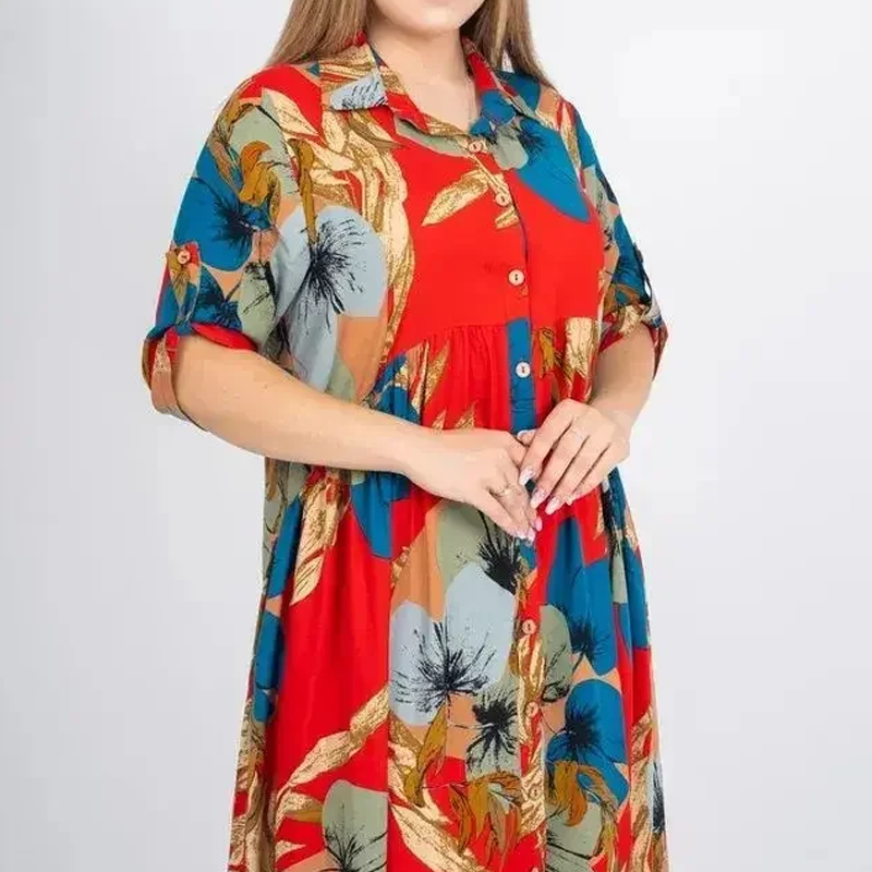 🔥👗Damska luźna długa sukienka z nadrukiem z klapami i guzikami